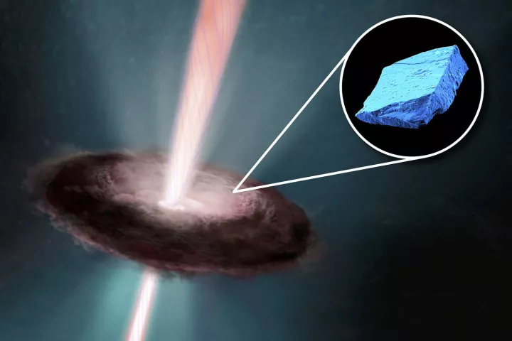 Studying blue hibonite crystals (inset) has helped researchers get a better understanding of the Sun's early activity, when the solar system was just a disk of dust and gas surrounding the star