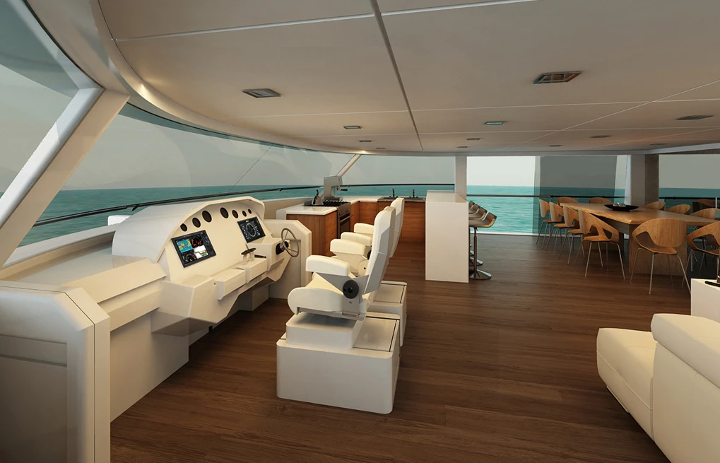 In place of the dual deck and flybridge wheelhouses on some ships, the Flash Cat 67SC has a single driving area