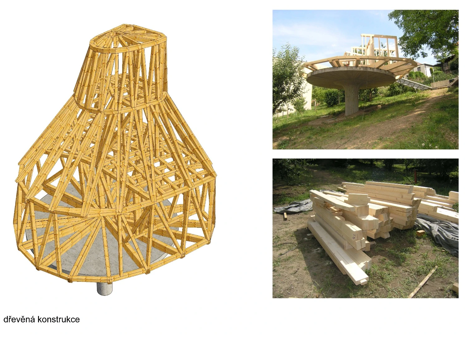 The House in the Orchard is built from wood and features an intricate frame that was computer modeled