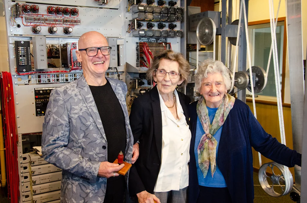 Peter Higginson, Margaret Sale and Irene Dixon by the Heath Robinson machine