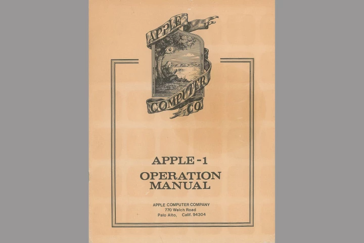 The Apple-1 manual ip for auction features the very first – and very temporary – logo for the company, depicting Sir Isaac Newton sitting under an apple tree