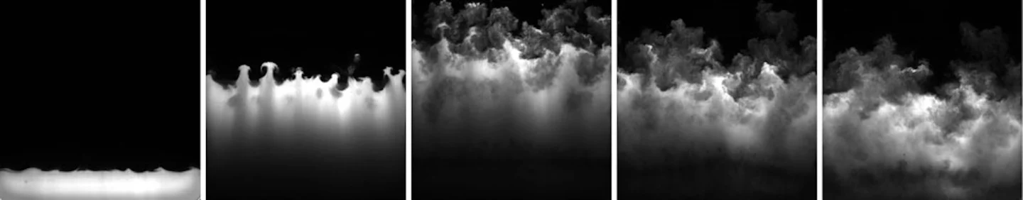 A timelapse of the gases in the supernova machine mixing after being hit by the blast wave
