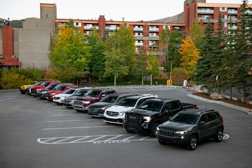 Our lineup of vehicles ready to depart from our hotel to the base camp near Breckenridge, Colorado