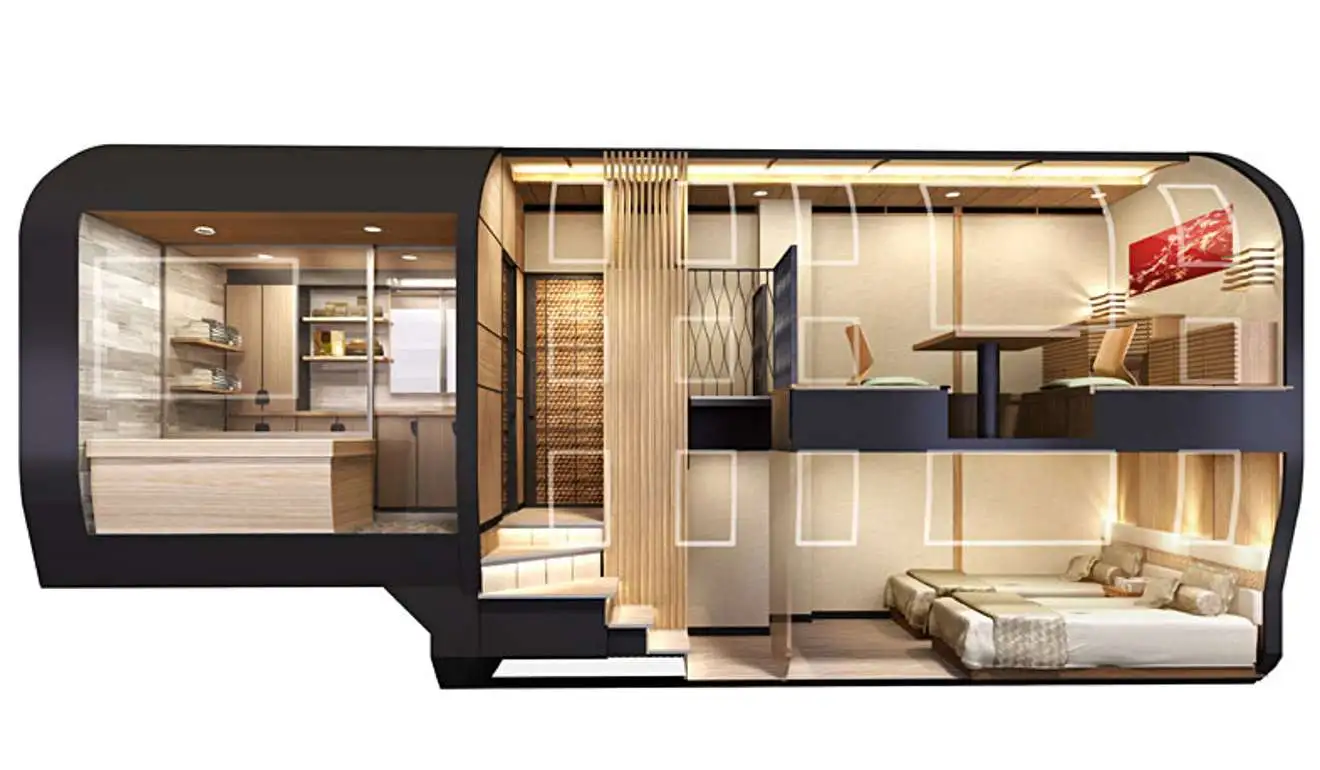 View of the multi-level suite with in-room dining area