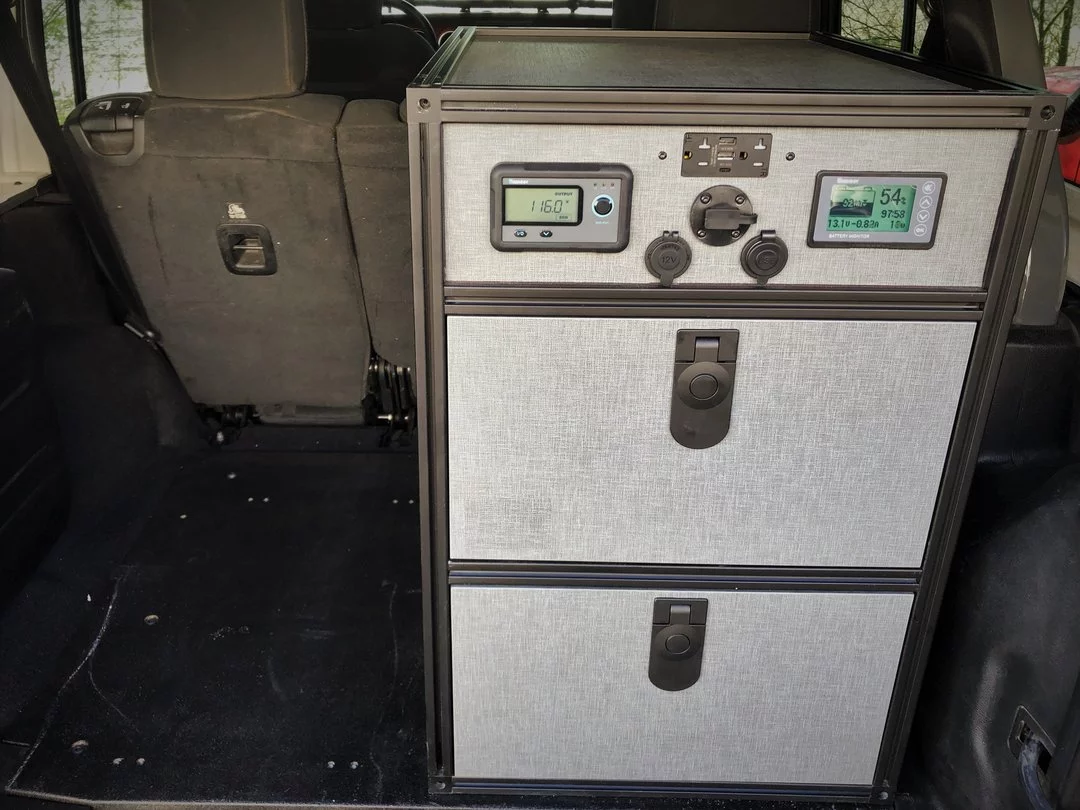 The Juice Box provides campers with plenty of sockets for powering up and monitors for the battery and inverter