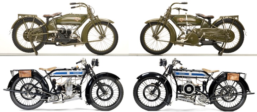 Two of the best known horizontally-opposed twins that didn't turn the motor sideways as did BMW, Zundapp and the mass-produced Russian marques Ural and Dnepr - a 1919 Harley-Davidson 584cc Model W Sport at top left and right, and a 1925 Douglas 2¾HP (350cc) Model CW.