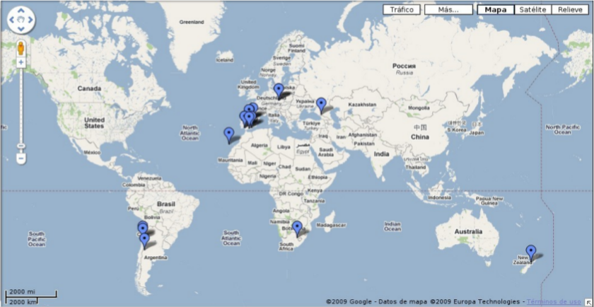 Locations of the 17 Gloria robotic telescopes