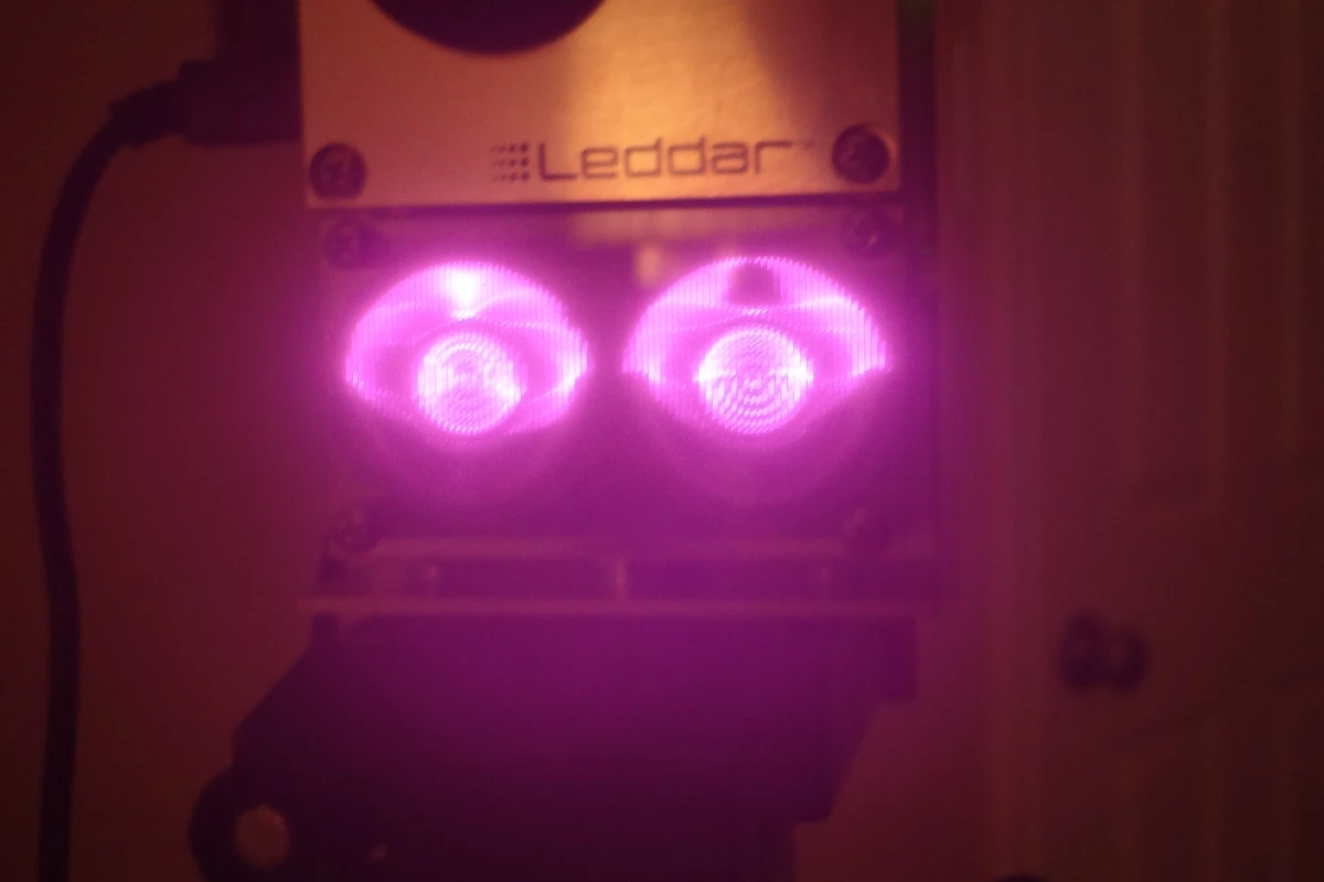 This near-infrared photo shows the invisible IR LED's on the Leddar in action