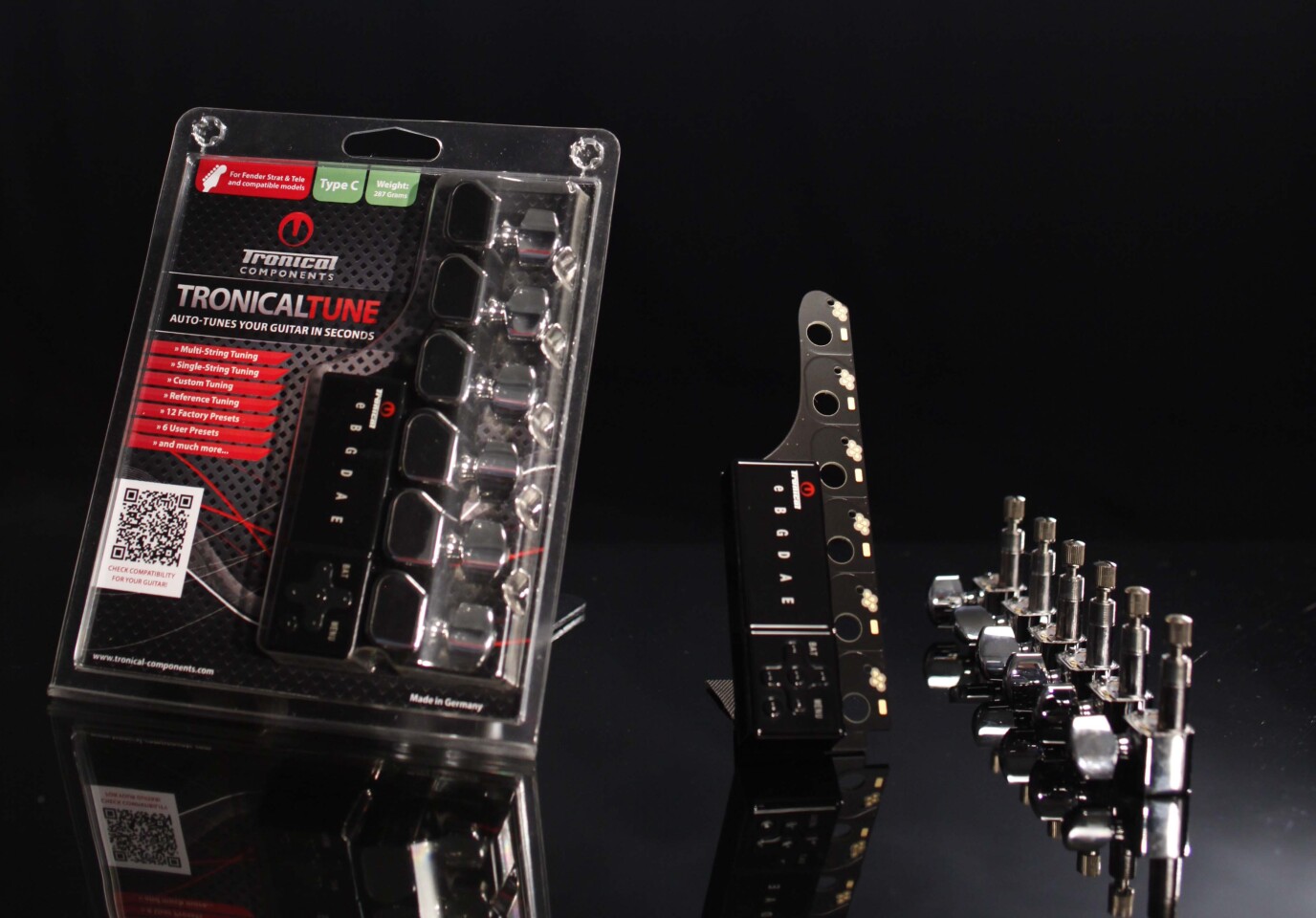 Each TronicalTune kit comes with everything needed to install the robot tuner on your guitar, including six robo-heads, a contacting PCB and control interface, battery and charger