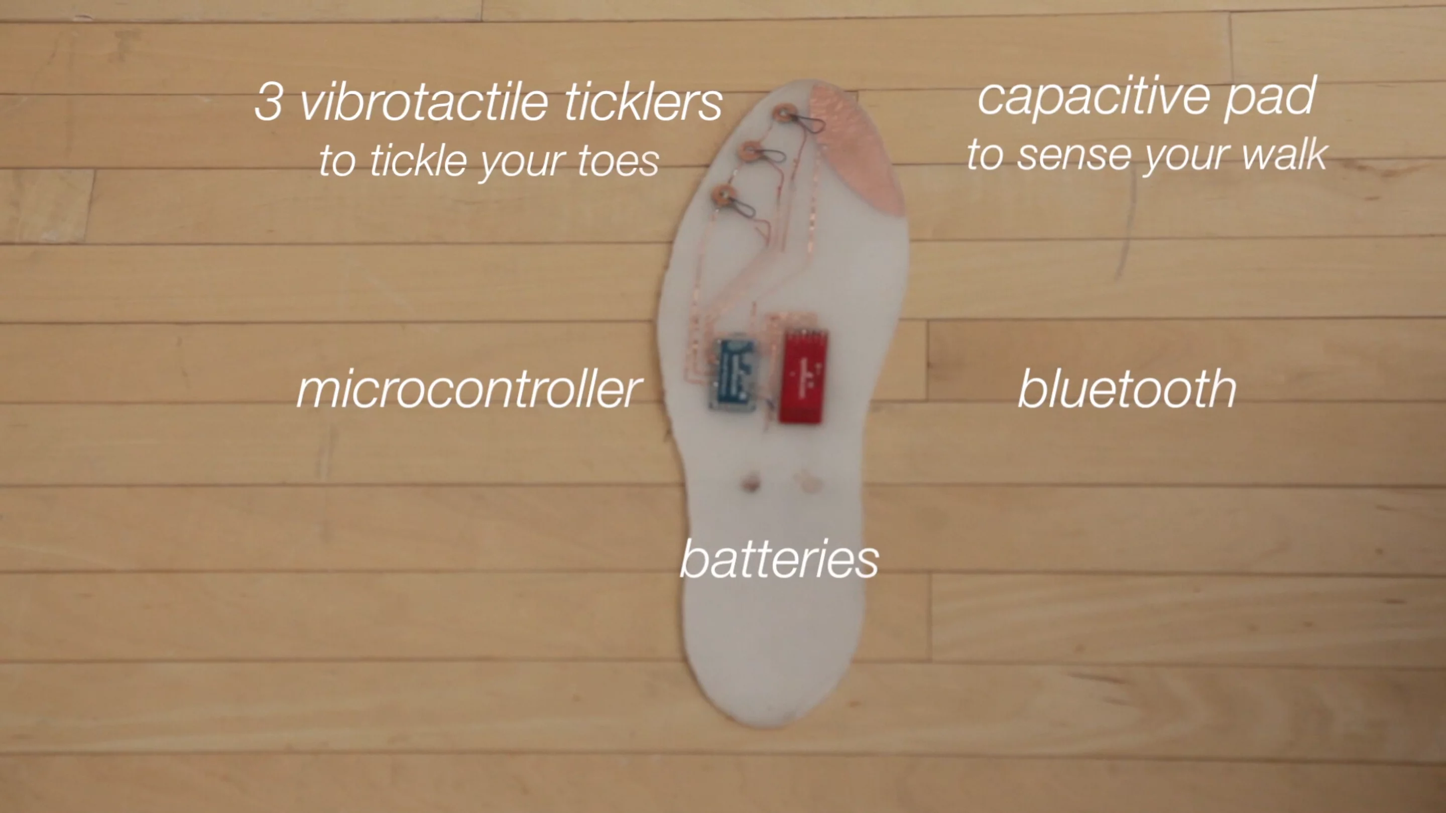 Each of the insoles sports an onboard microcontroller, a Bluetooth low-energy chip, a capacitive pad under the big toe and three vibrotactile motors placed underneath the smaller toes