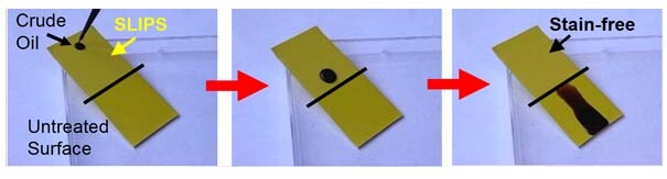 Crude oil completely wicked from SLIPS without leaving a stain