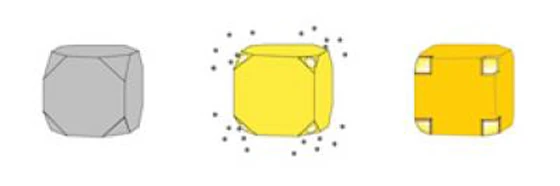 Gold nanocages (right) are hollow boxes made by precipitating gold on silver nanocubes (left)