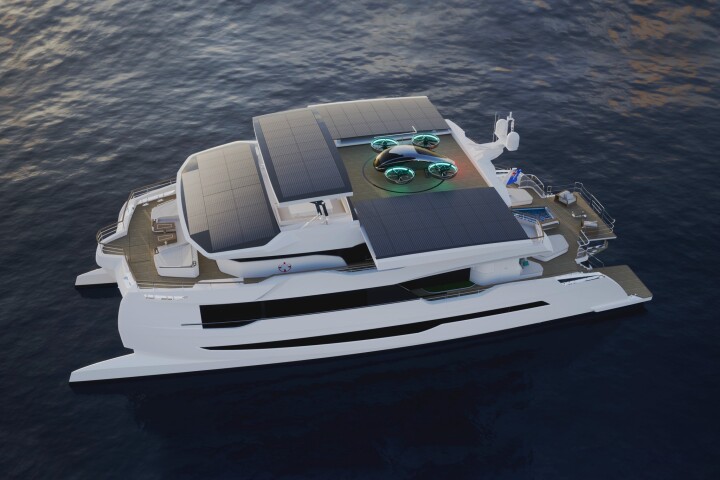 The Silent 120 Explorer solar-electric catamaran, with the XP4 eVTOL charging on its roof