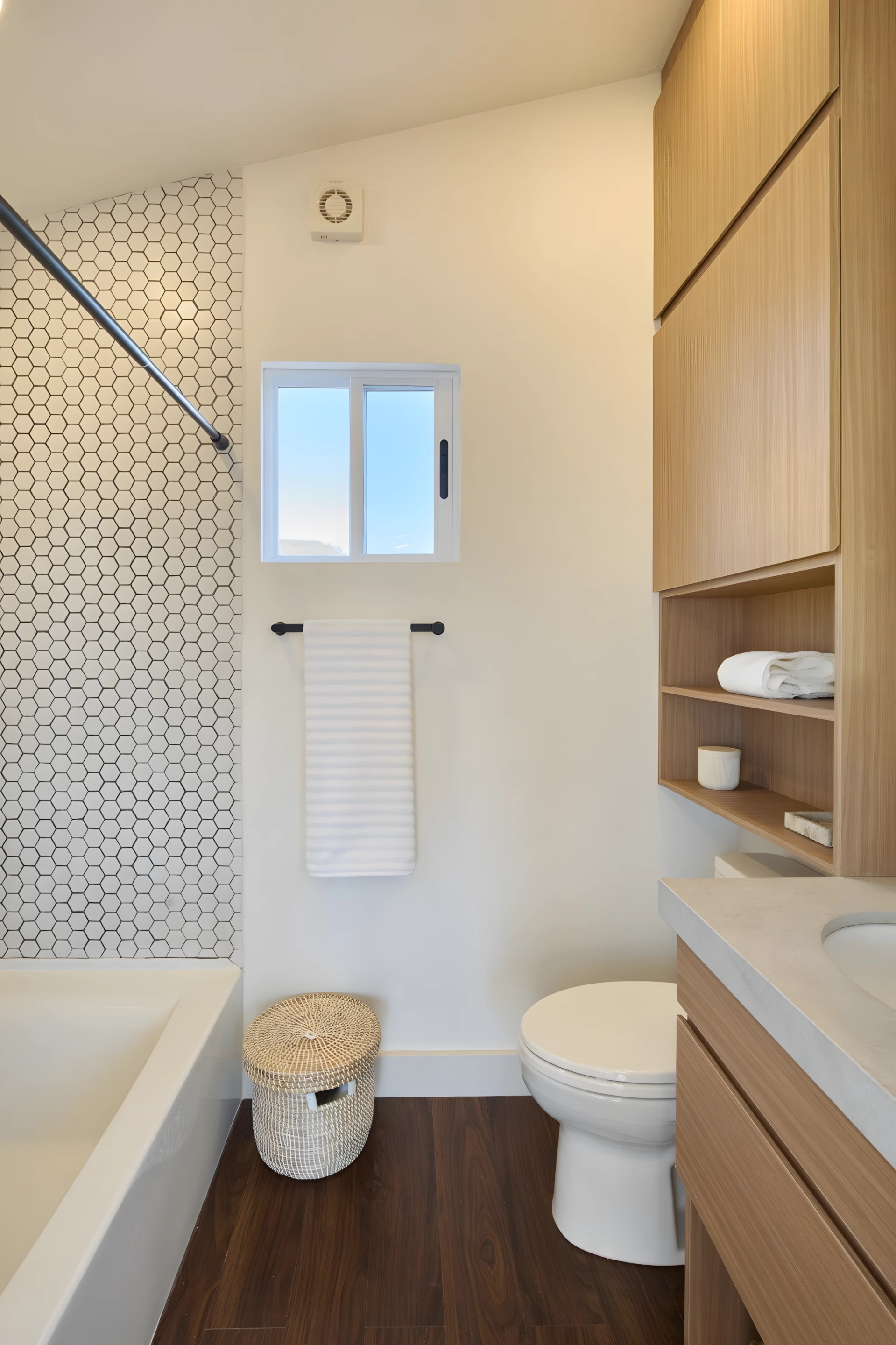 The Vettel Haus' bathroom is quite luxurious for a tiny house of its size and includes a bathtub/shower
