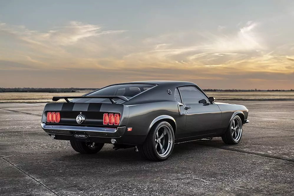 The Mach 1 rear spoiler on the Hitman is period-derived and the large stainless exhaust tips can be seen below the bumper in this photo