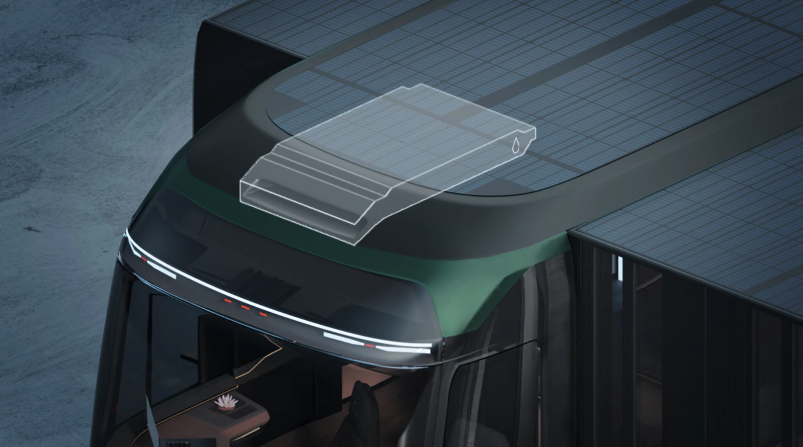 While solar panels help keep electricity flowing, the integrated atmospheric water generator collects and cleans water from the air to keep the fresh water supply topped off