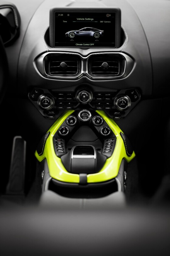 2018 Aston Martin Vantage: center console and 8-inch screen with touch pad