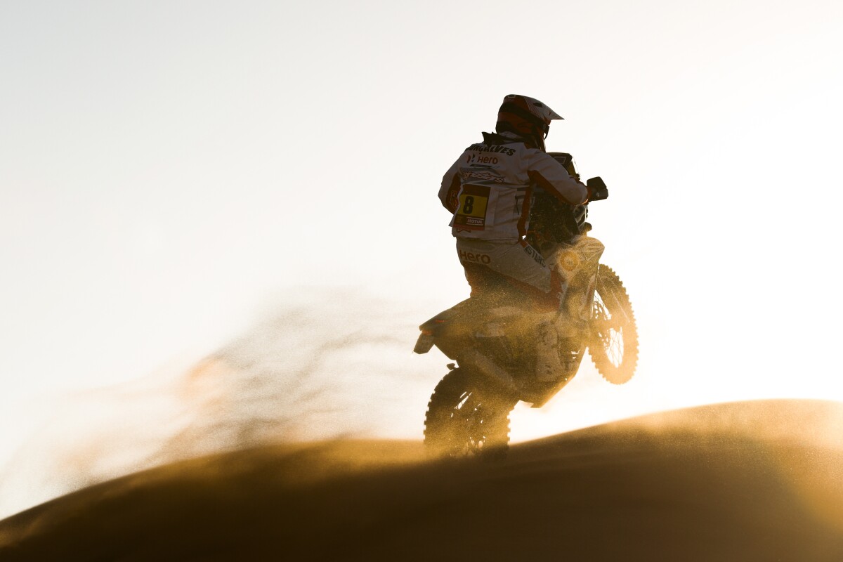 A haunting capture of Paulo Goncalvez wheelying his Hero motorcycle into the rising sun on day 7. Goncalvez, a beloved veteran of many Dakar races, would not survive this day. He succumbed to a fatal crash between Riyadh and Wadi Al-Dawasir