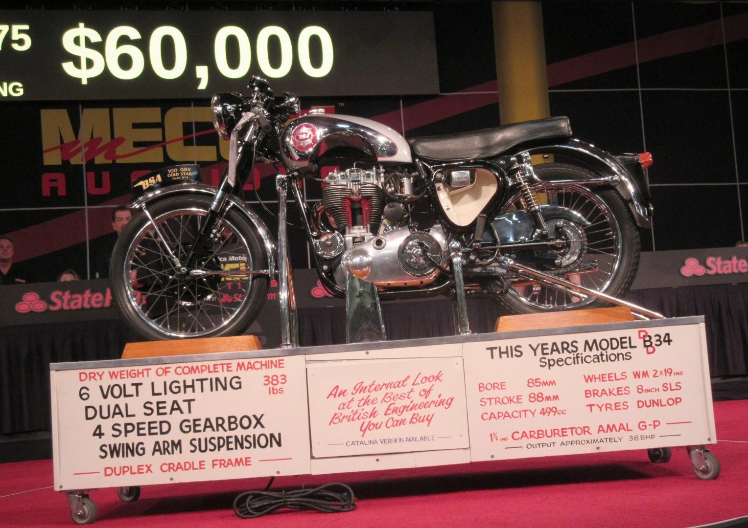 $121,000 – 1956 BSA Gold Star Clubman Cutaway - Mecum Lot S175 is a 1956 BSA Gold Star Clubman Cutaway built by BSA for the 1956 Earls Court (London) Motorcycle Show, the world's most important at the time – the cutaway BSA Gold Star is electrically driven to show movement of the engine internals, wheels and suspension. The mechanical masterpiece was the subject of a feature in Gizmag when the bike went to auction in 2015 but failed to sell. At that time it was expected to fetch between $250,000 and $350,000, roughly 10-20 times the price of a well restored example of the sectionalized model displayed. Whilst the marketplace finally judged it to be worth less than half of that value, it is still the most valuable BSA ever sold at auction. The previously most expensive BSA was the 1973 Triumph TRX Formula 750 triple (it was really a BSA Rocket Three) which sold for $104,760 in Las Vegas in 2014 by Mecum MidAmerica.
