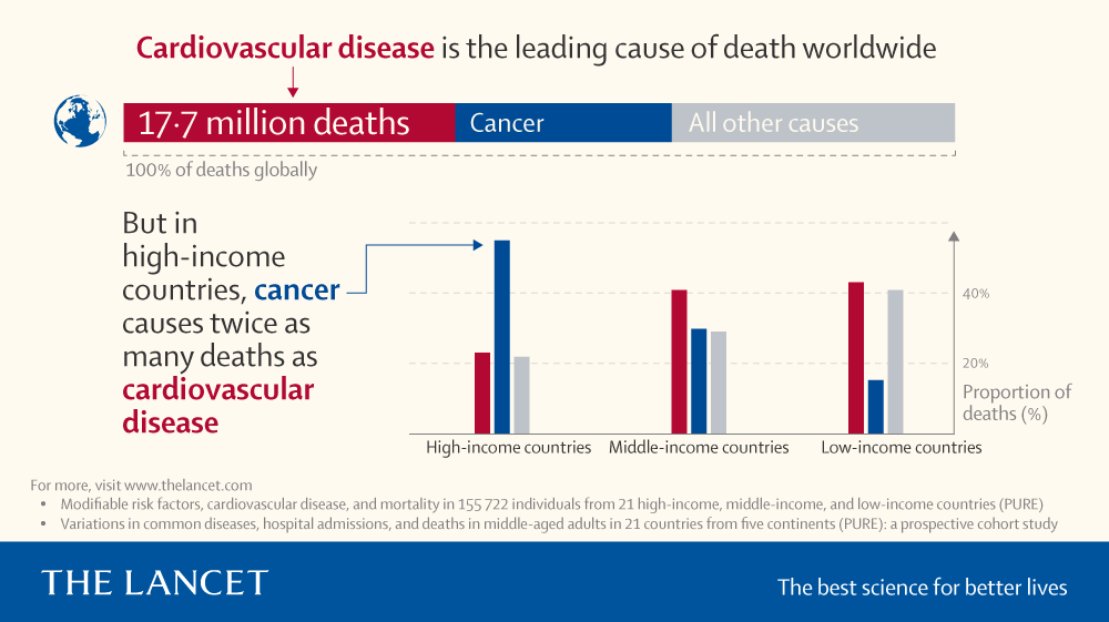 A chart showing CVD vs cancer deaths, in different countries