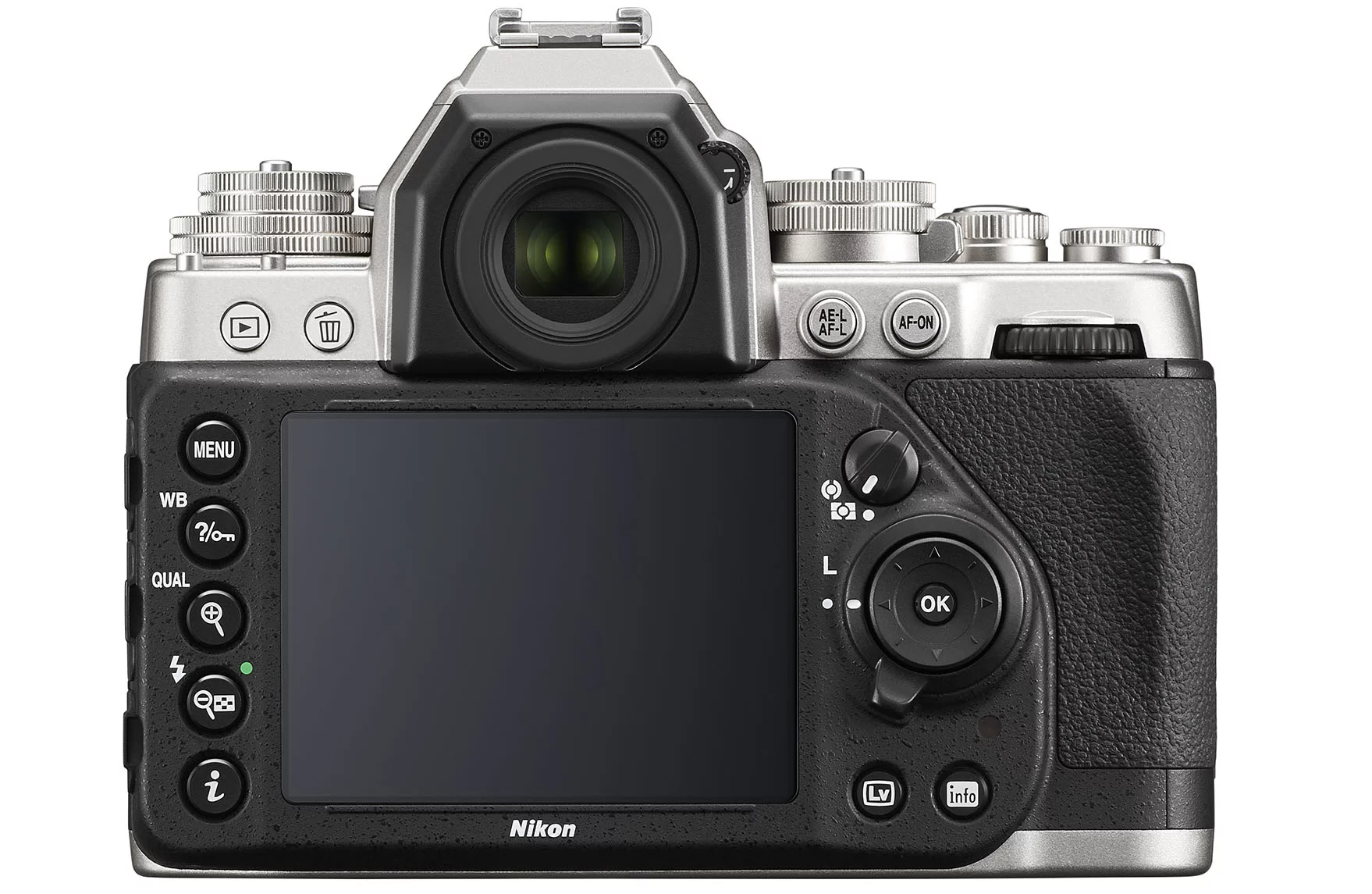 An optical glass pentaprism viewfinder on the the Nikon Df gives 100 percent frame coverage, and there's a 3.2-inch LCD on the rear with a 921-k dot resolution