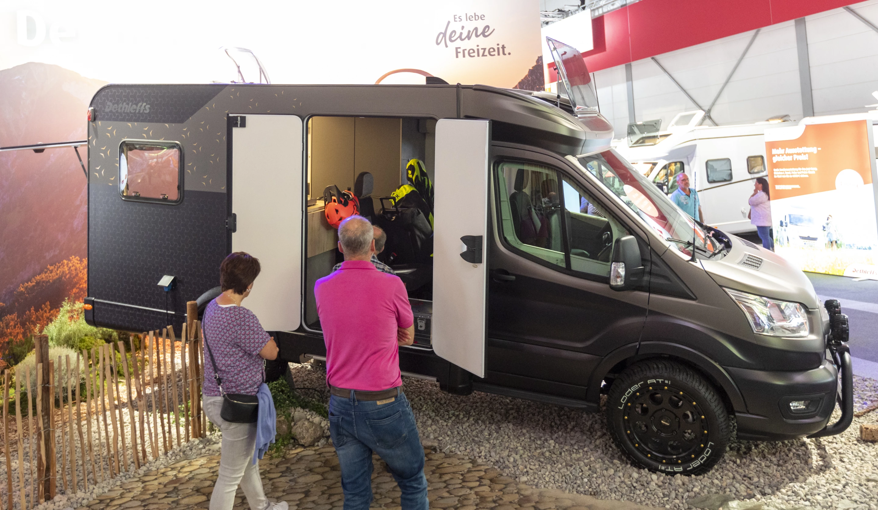 The Dethleffs Yoka Go shows Caravan Salon attendees its wide side door entry, a second load area for hauling gear