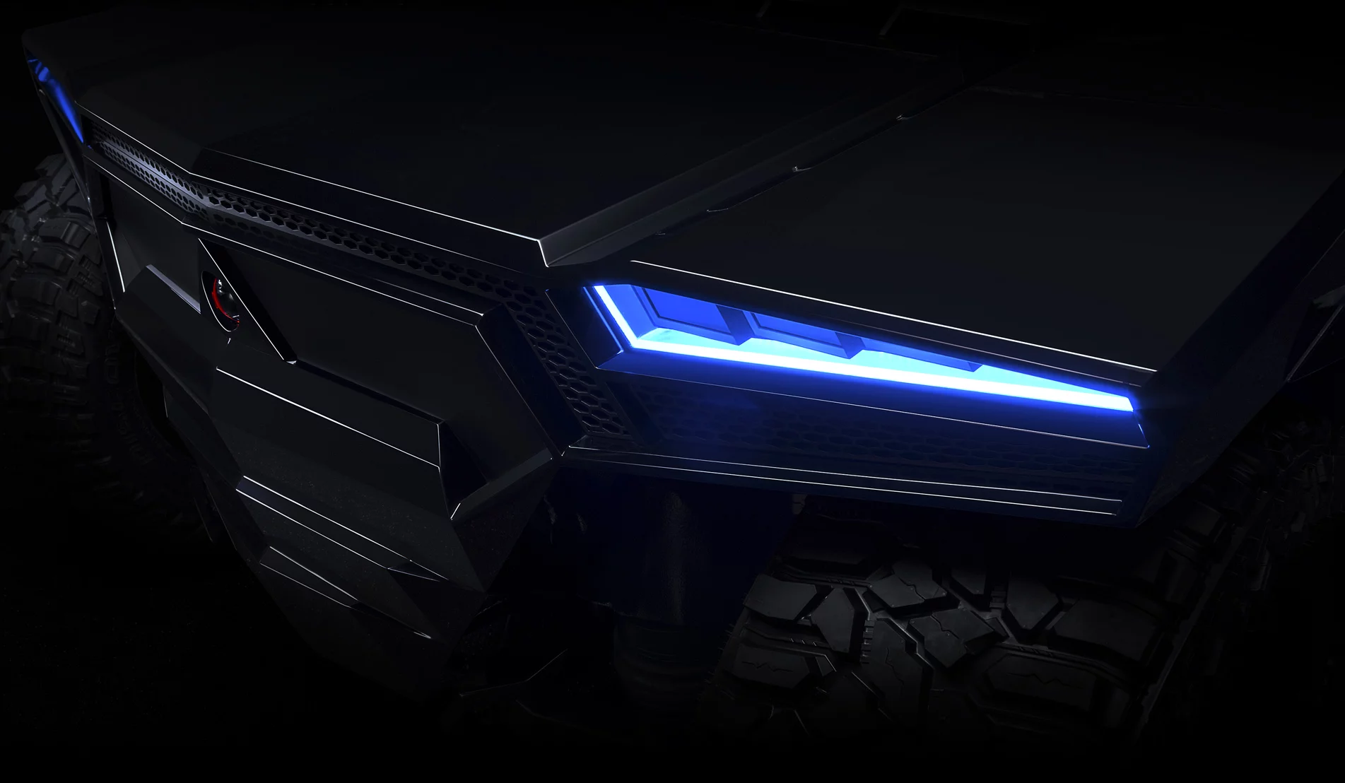 Headlights squint suspiciously forward