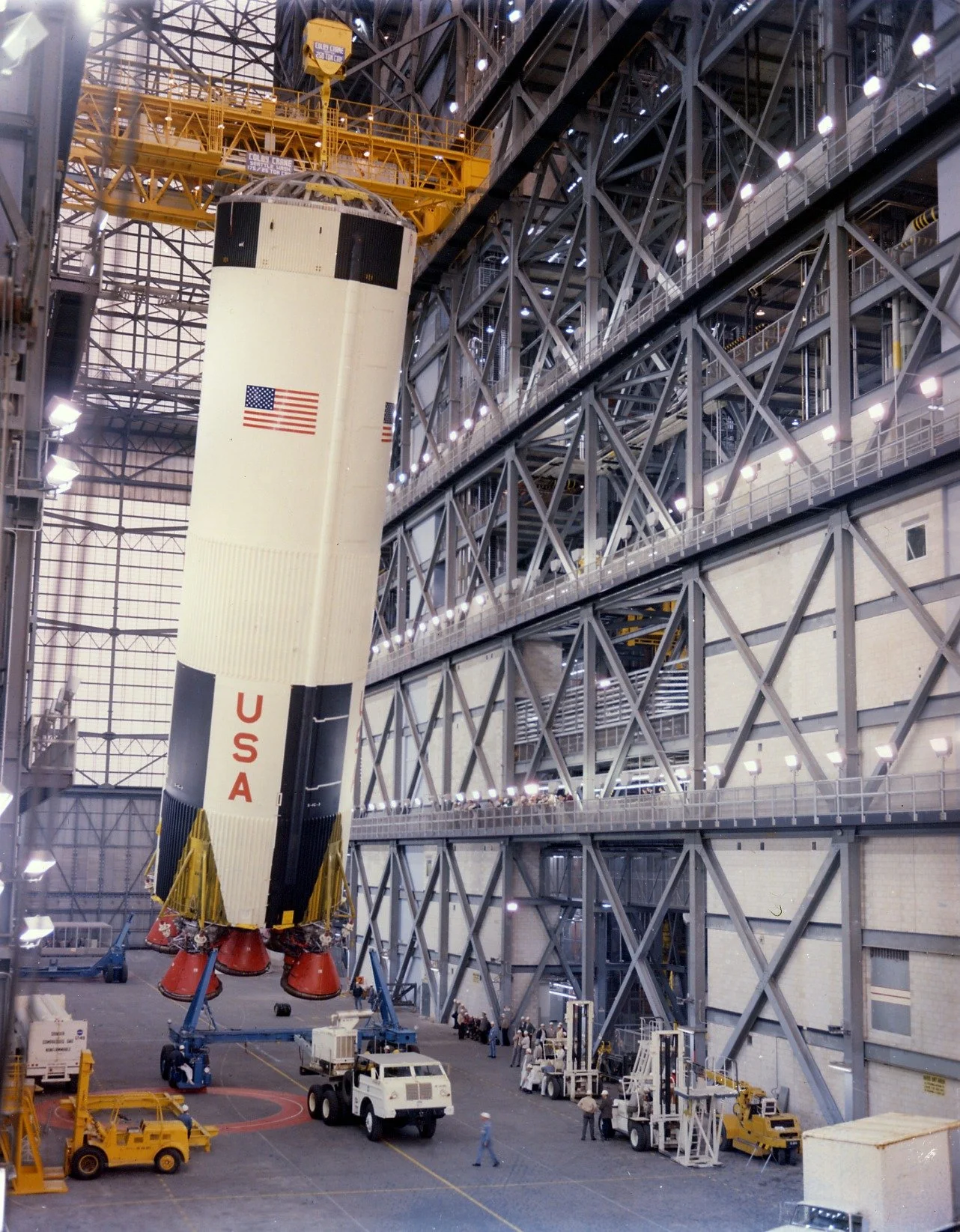 Apollo 8 first stage during Saturn V vehicle assembly (Image: NASA)
