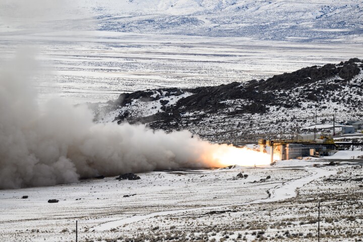 Test fire of a launch vehicle engine while firmly attached to launch mount at Northrop Grumman Promontory