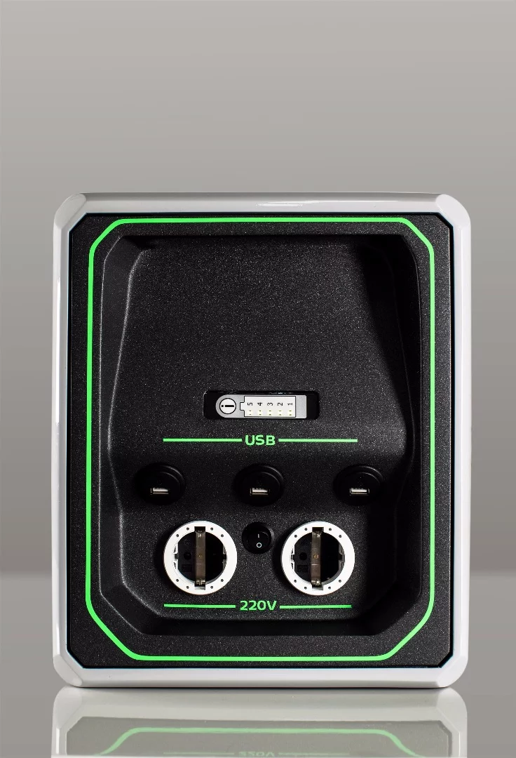 The batteries are integrated into the weatherproof aluminum housing