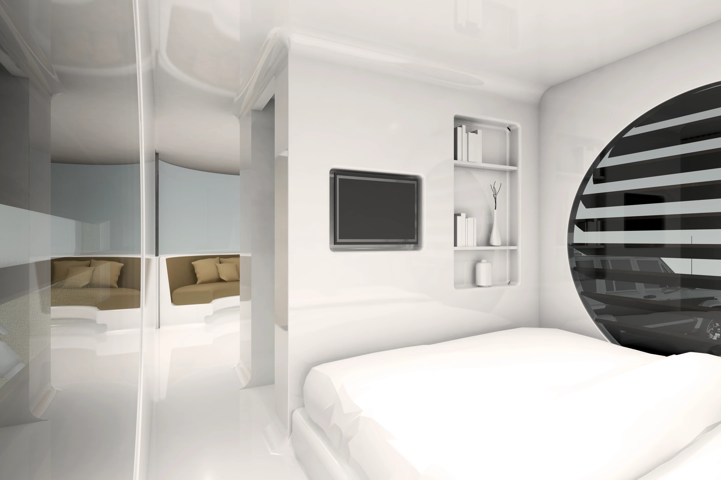 An interior view of the Romotow concept caravan.