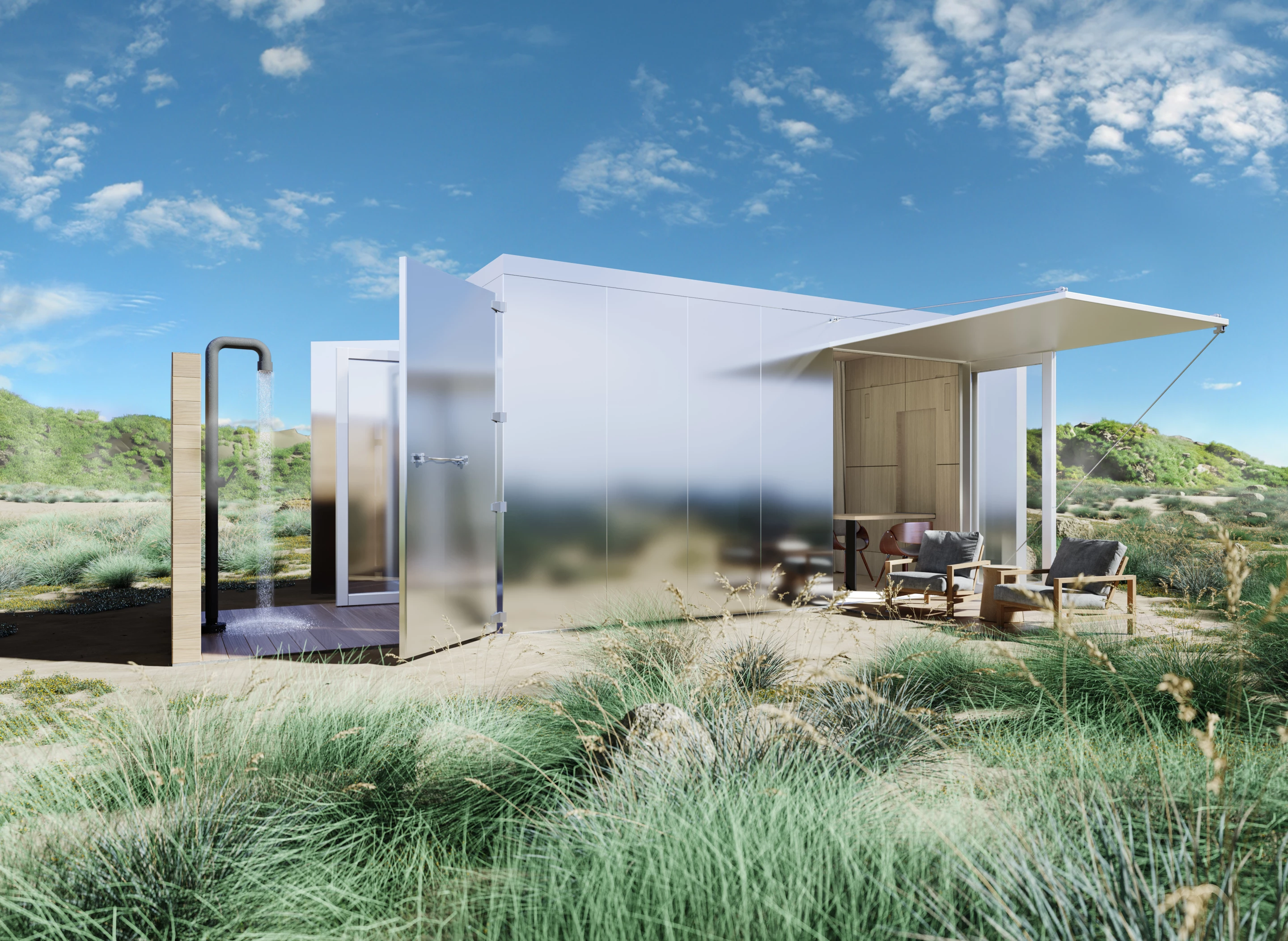 The prefabricated guest house features a polished aluminum exterior