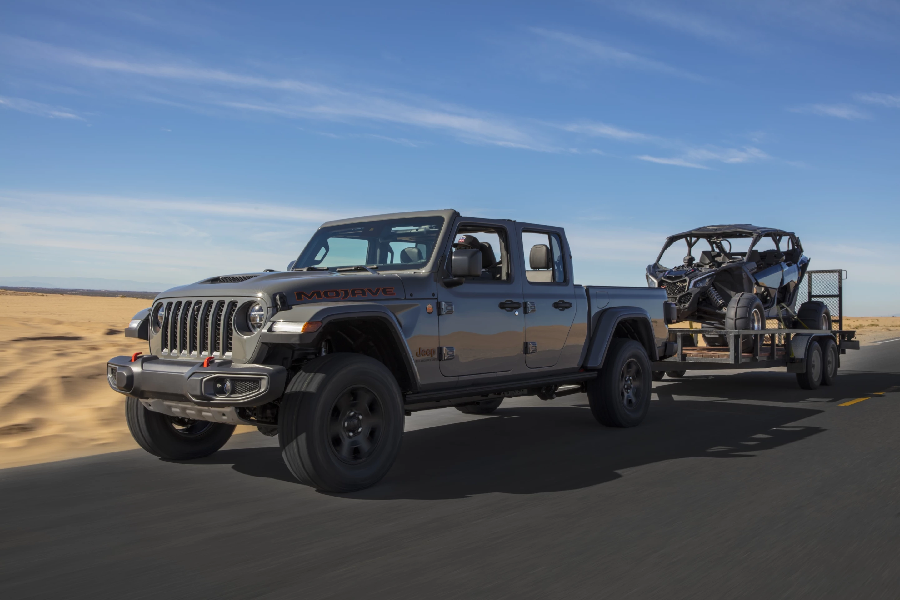The Jeep Gladiator Mojave retains the tow and haul ratings of the Gladiator: 1,200 pounds of payload and 6,000 pounds of towing capacity