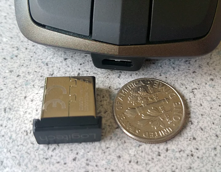 The Logitech MX Anywhere 2 has a dime-sized Pico receiver, perfect for leaving plugged-in to a laptop USB port