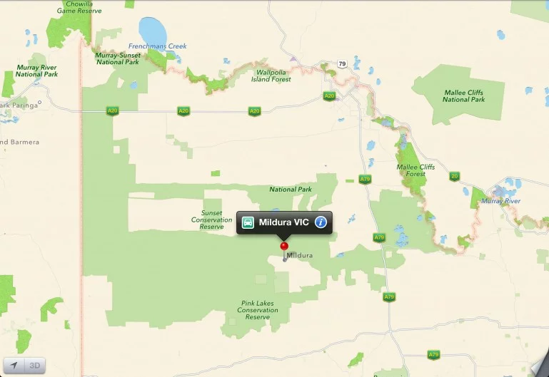 Apple Maps had the town of Mildura about 70 km (44 miles) south of its actual location