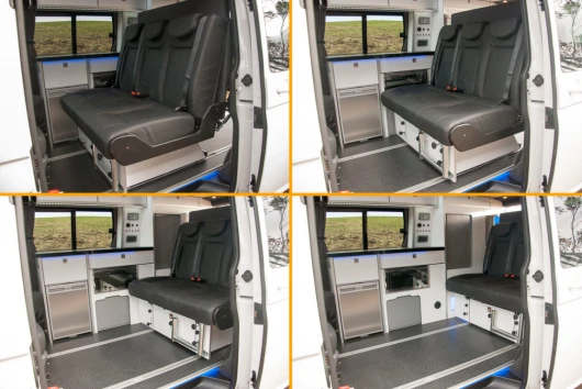 Volksleisure's T5 camper van uses Wellhouse's popular electric sliding rear bench to adjust around different uses and trips