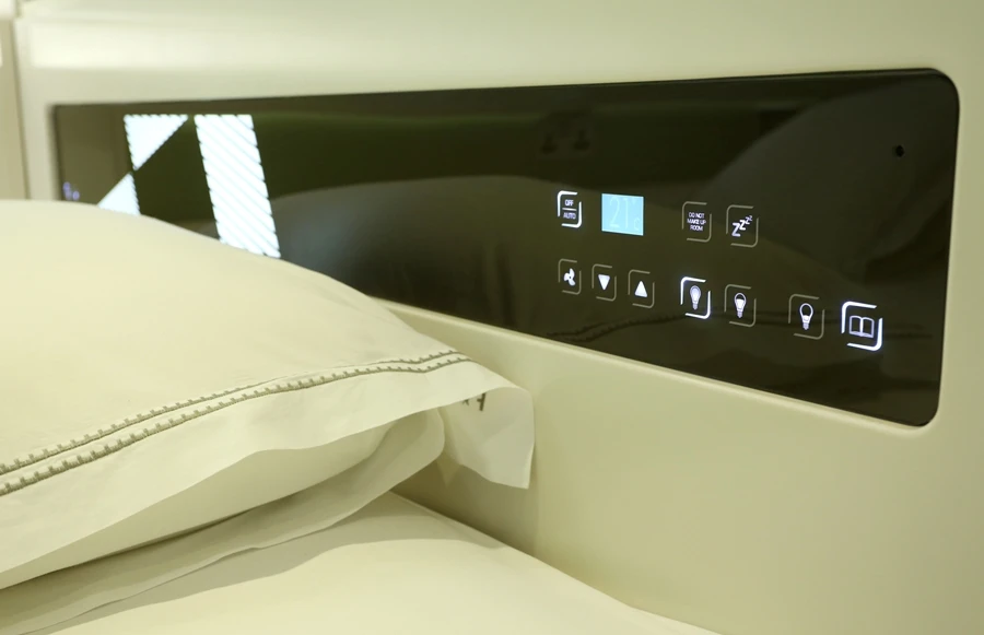A control panel is built into the headboard of beds in hub by Premier Inn hotels, which allows guests to control the room facilities in the same way that they can using the smartphone app