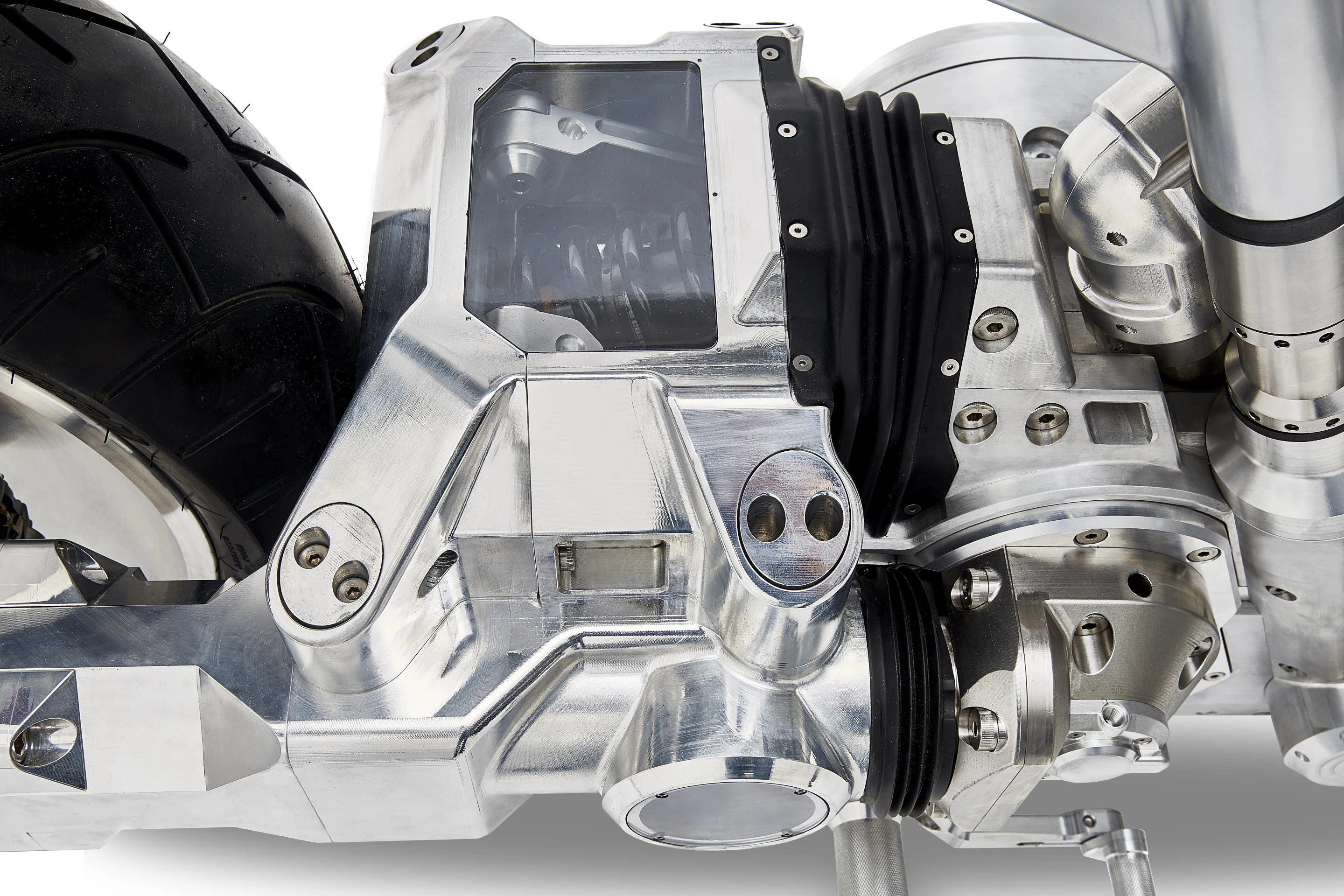Vanguard Roadster: rear shock is isolated from road grime in a giant metal box