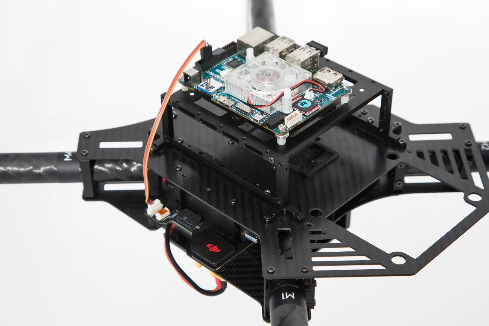 The Matrice 100 features several communication ports, power supply leads and expansions bays for extras components