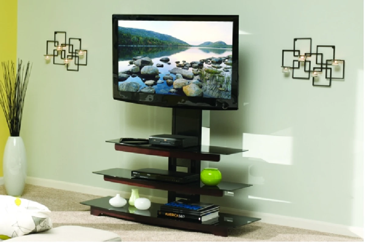 The 'no drill' flat panel TV mount from Sanus attaches to a shelf unit, positioning the TV at the right viewing height and angle without the need to drill into walls