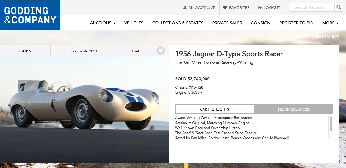 This ex-Ken Miles 1956 Jaguar D-Type sold for $3,740,000 at Gooding & Company's Scottsdale 2010 auction