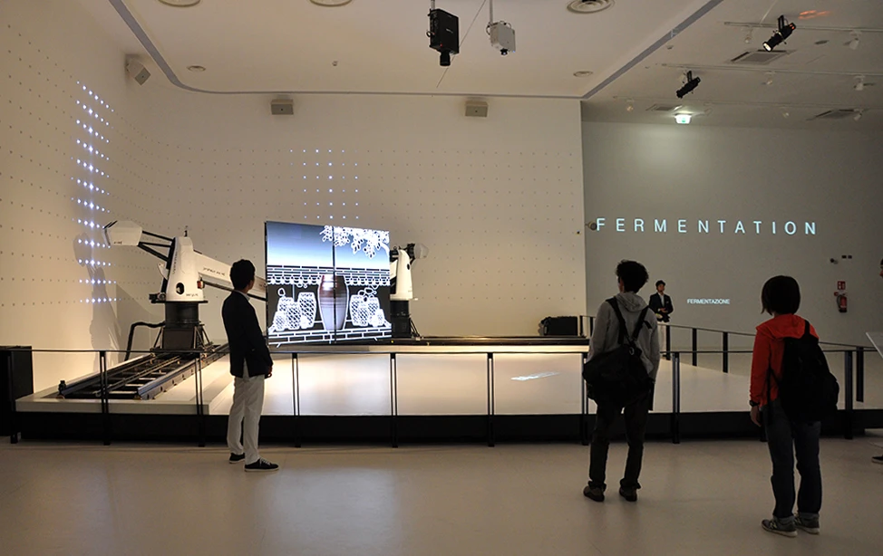 Inside the pavilion, visitors are taken through a series of rooms featuring art installations