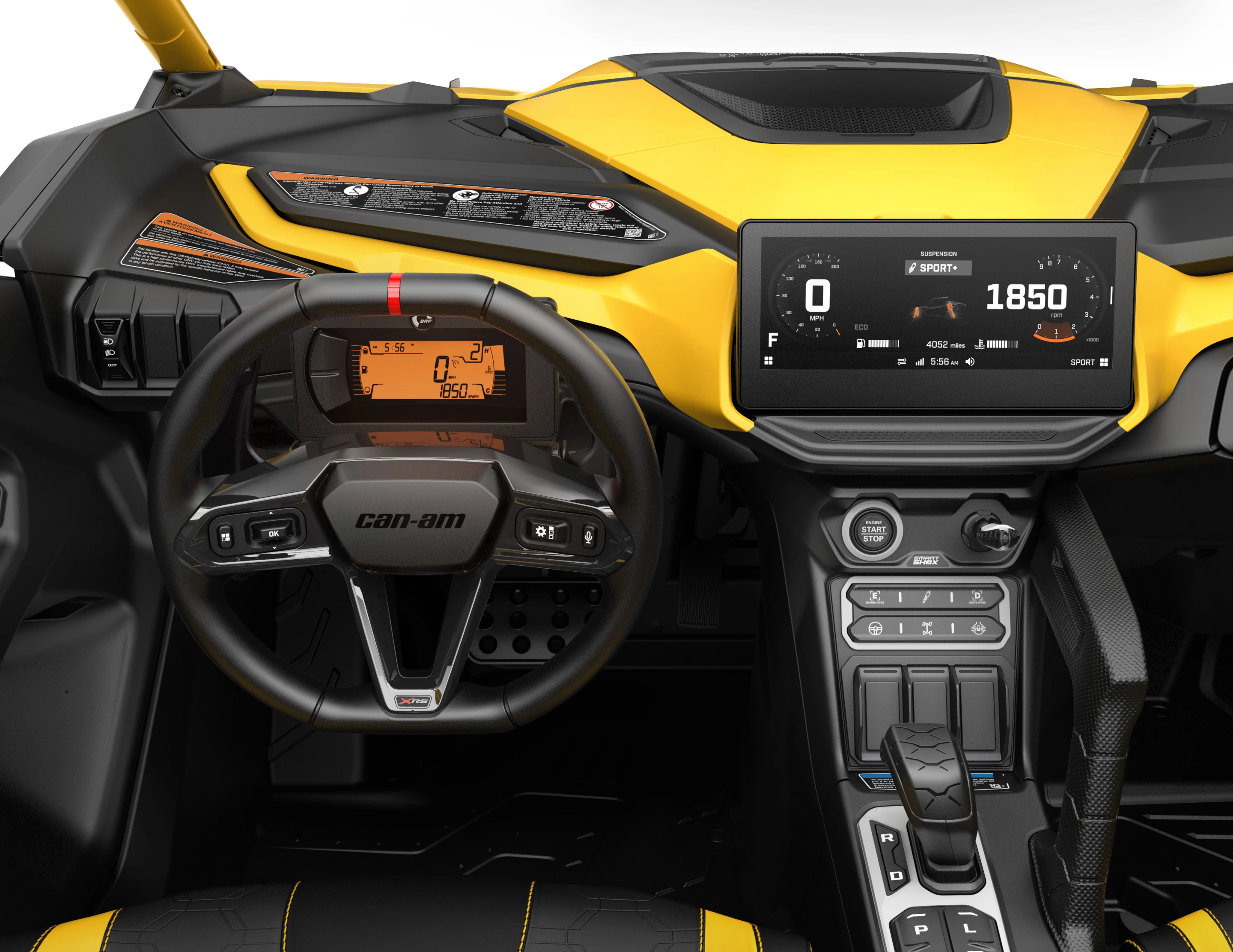 The integrated instrument cluster, attached to the steering column, and electronic shifter (bottom-right) are also new designs from Can-Am