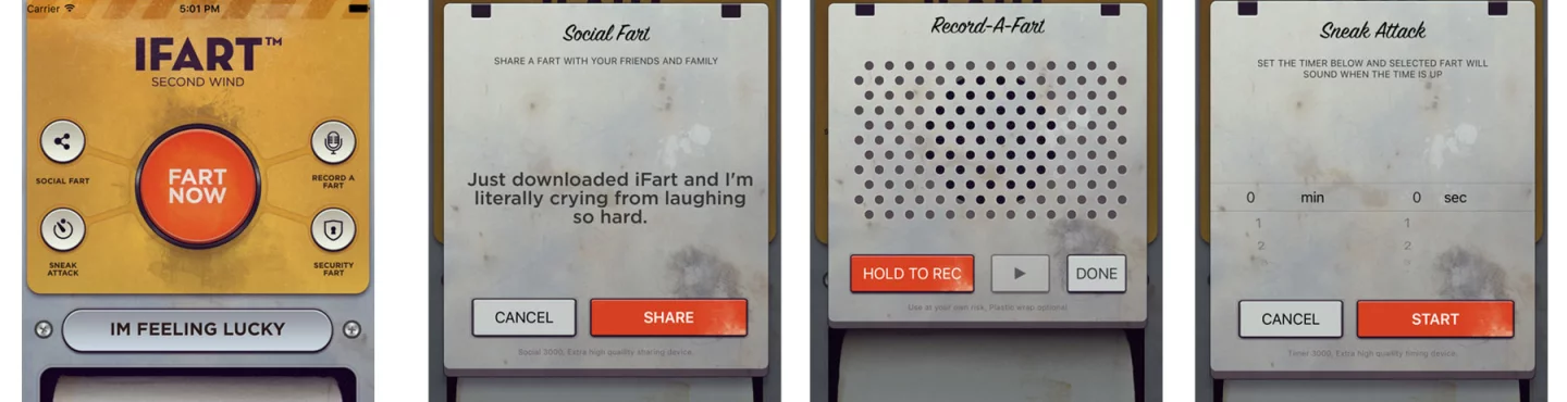 Screenshots from the iFart app