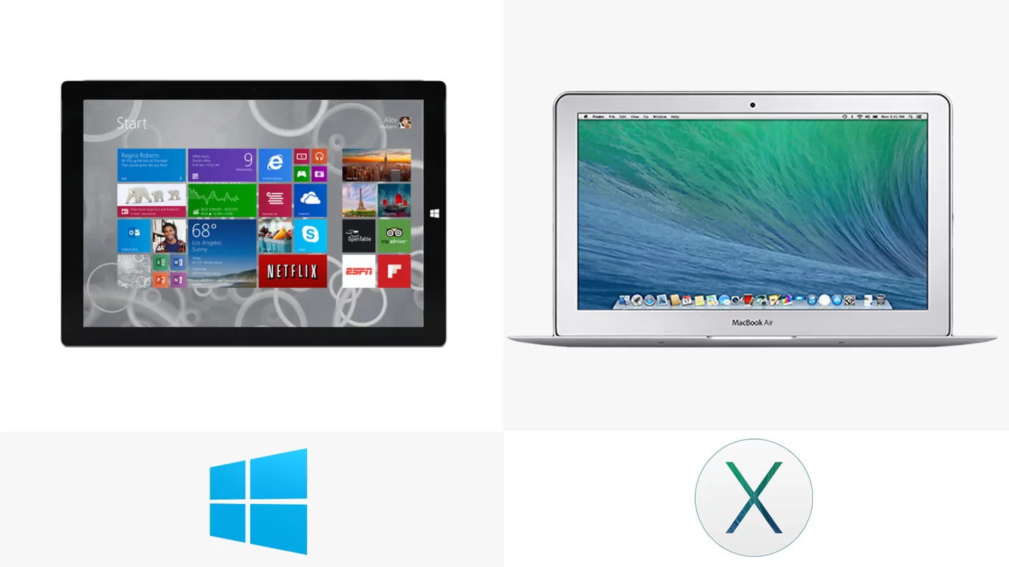 The Surface ships with Windows 8.1 Pro, while the MacBook Air runs OS X 10.9 Mavericks
