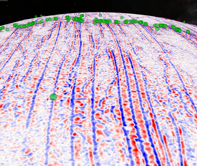 A gravity gradient model of the southern mid-Atlantic Ridge – earthquakes with magnitude above 5.5 are shown as green dots and highlight the current location of the spreading ridges and transform faults (Image: David Sandwell, Scripps Institution of Oceanography, UC San Diego)