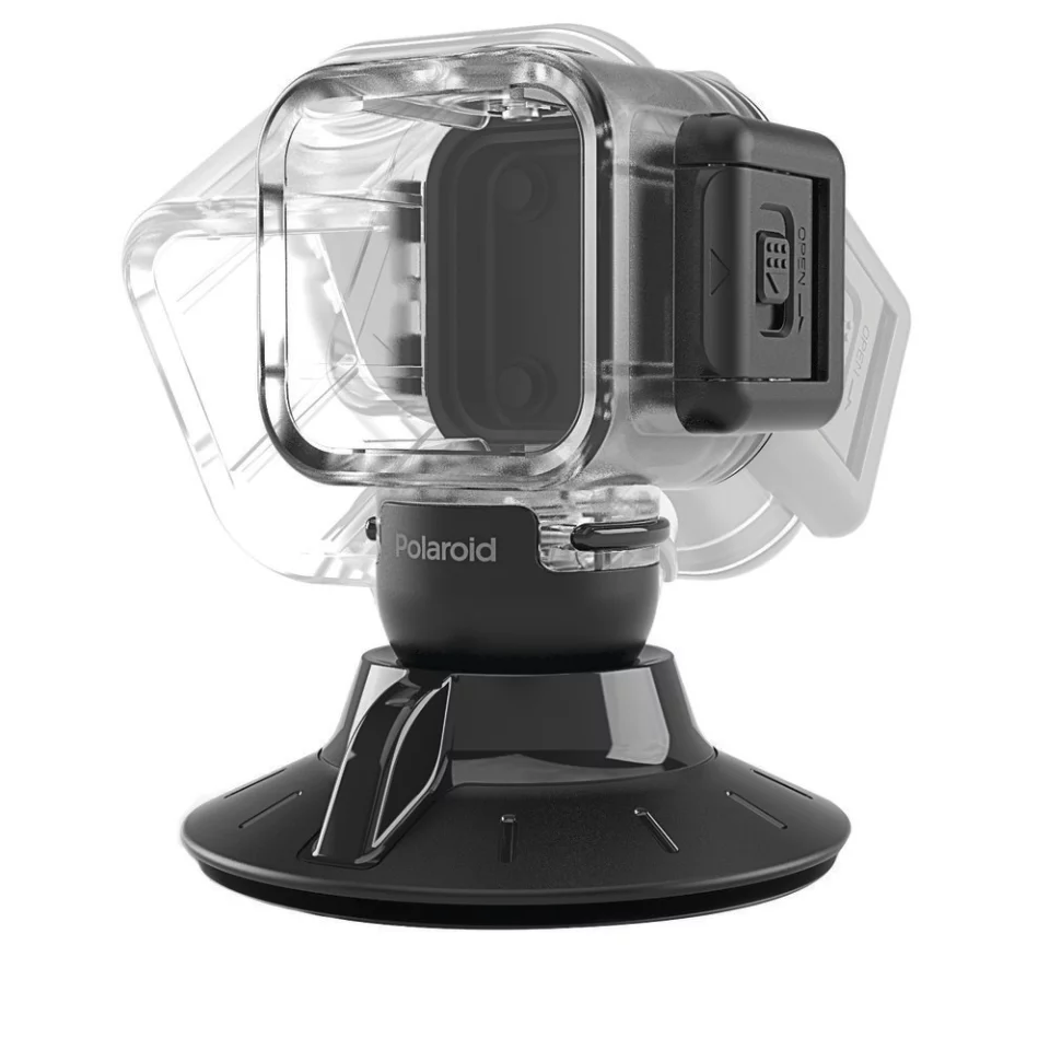 The Polaroid Cube suction mount with waterproof case