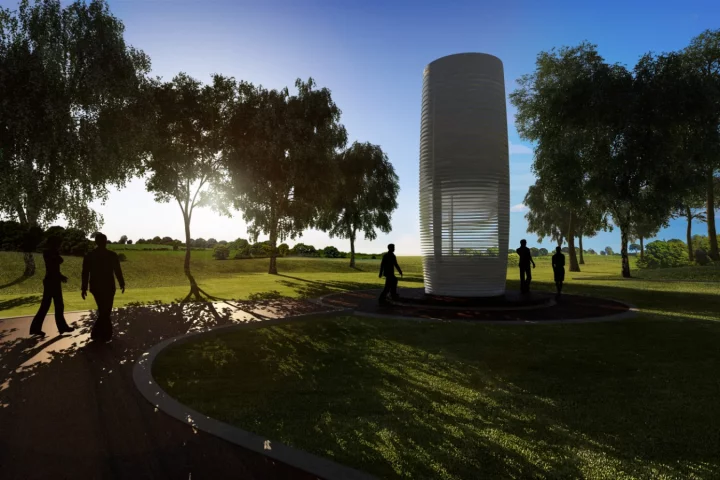 The Smog Free Tower is a planned 7 x 3.5 m (23 x 11.5 ft) structure that draws in dirty air and purifies it before expelling it back into the environment