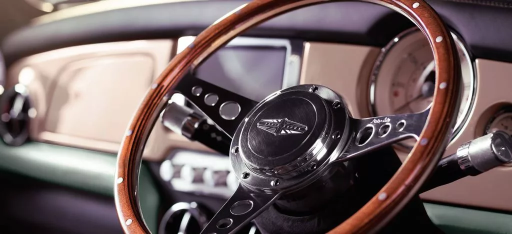The Mono-Lito steering wheel is another classic touch in the David Brown Automotive Mini