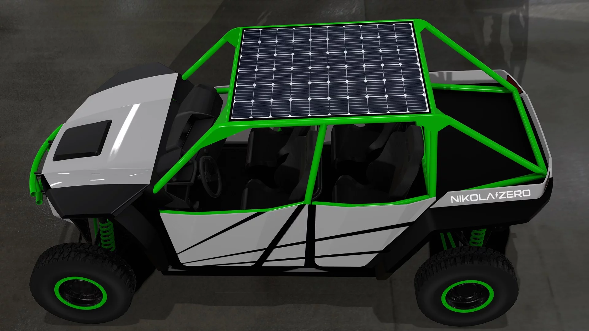 The roof-mounted solar panels provide charging to the 12 V battery
